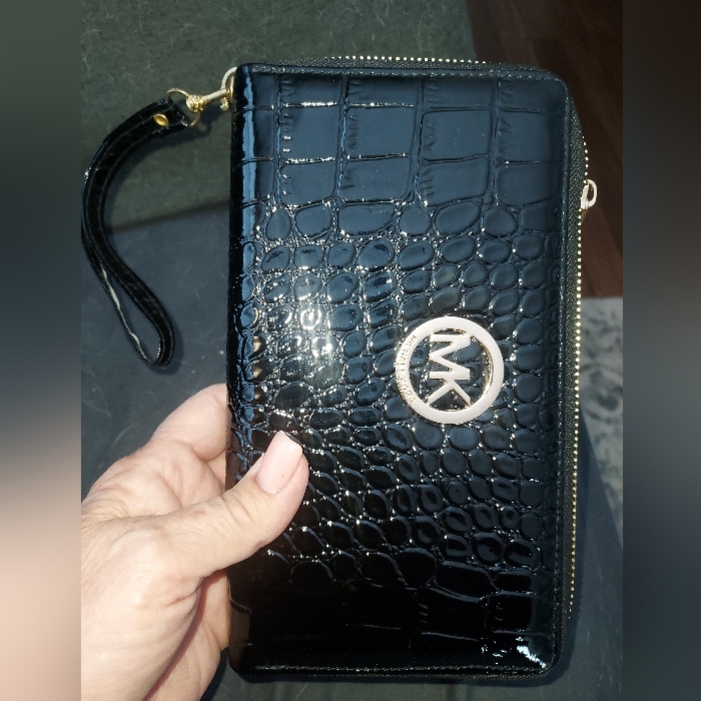 Michael Kors Black Crocodile-Embossed Wristlet